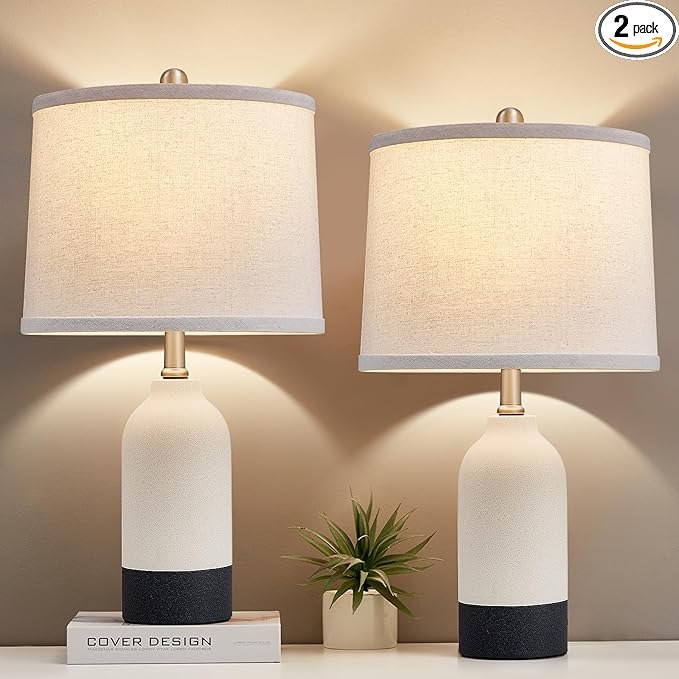 Luvkczc Modern Ceramic Lamps for Bedrooms Set of 2, 3-Color Temperature Table Lamp Bedside Nightstand Desk Reading Lamp with Fabric Drum Shade for Bedroom, Living Room, 2 Bulbs Included (21.4")