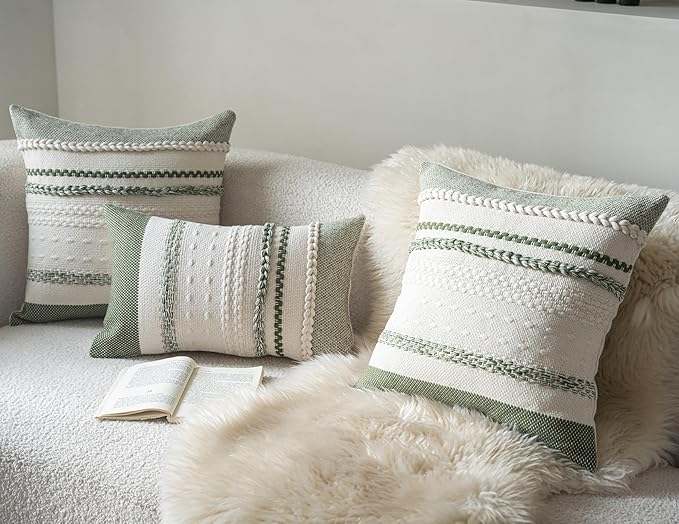 Boho Throw Pillow Covers 20x20 Inch Set of 2, Green Textured Decorative Couch Pillow Cases for Farmhouse Home Decor, Accent Cushion Cover for Sofa, Bed, Living Room, Bedroom