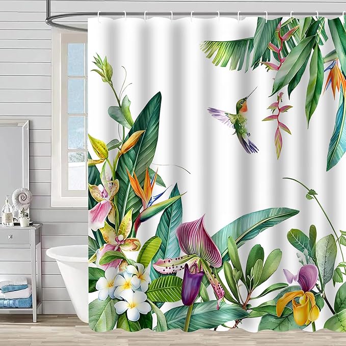 Summer Hummingbird Shower Curtain Tropical Leaves Floral Bird Green Shower Curtains for Bathroom Waterproof Polyester Fabric Bath Curtain 72 x 72 Inch with 12 Hooks