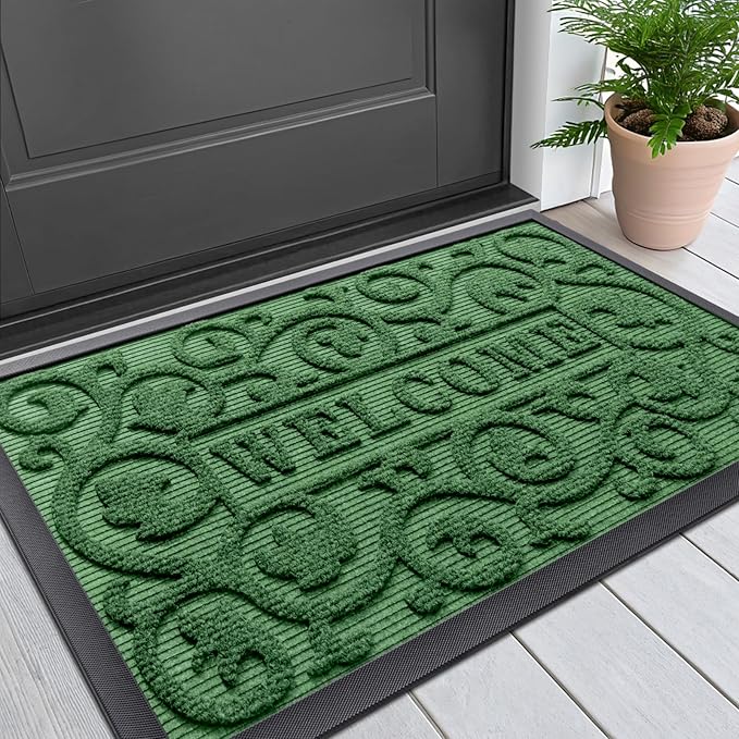 Smiry Welcome Door Mat Outside Entrance, Heavy Duty Trap Dirt and Moisture Easy Clean Low Profile Patio Porch Indoor Outdoor Front Doormat for Entry, 29.5x17 Inch, Green/Welcome