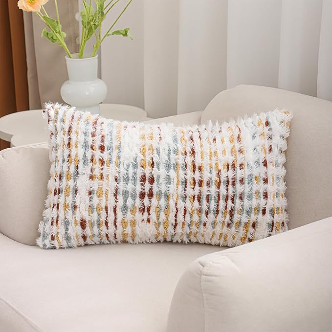 LUOYEHK Boho Throw Pillow Covers 12x20 Inch Set of 2 Chenille Tufted Pillow Case Farmhouse Neutral Lumbar Cushion Covers for Couch Sofa Bed Living Room, Orange White