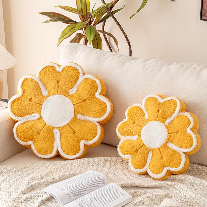 Flower Shaped Decorative Throw Pillow Cushion for Bed Couch, Cute Flower Plush Throw Pillows Home Decor Floor Pillow Seating Cushions (Dark Yellow, 17.7 Inches)