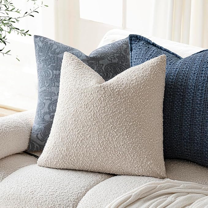 Foindtower Set of 2, Decorative Textured Boucle Throw Pillow Covers Accent Solid Pillow Cases Neutral Cozy Couch Cushion Case for Chair Sofa Bedroom Living Room Home Decor 16 x 16 Inch Ivory Beige