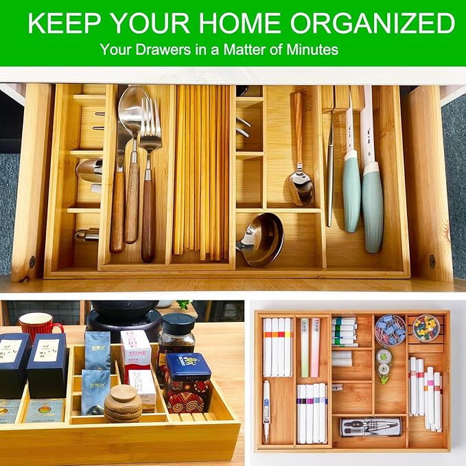 Double Layer Bamboo Kitchen Drawer Organizer Cutlery Utensil Silverware Drawer Organizer, Large Silverware Tray for Drawer Removable Utensil Holder Flatware Organizer Multi-use Storage Box