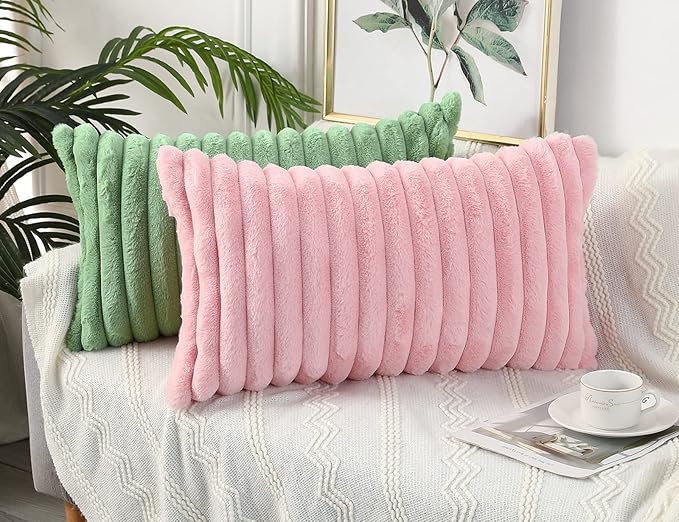 PANOD Faux Fur Decorative Lumbar Throw Pillow Covers 12 x 24,Long Boho Lumbar Pillow Covers Pillow Case Cushion Case for Bed Sofa Farmhouse Livingroom,Pink