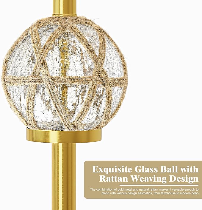 Oneach 61.5" Modern Floor Lamp for Living Room, Gold Boho Standing Lamp with Rattan Glass Design, Rotary Switch, Farmhouse Tall Lamps for Bedroom Office Dining Room (Without Bulb)
