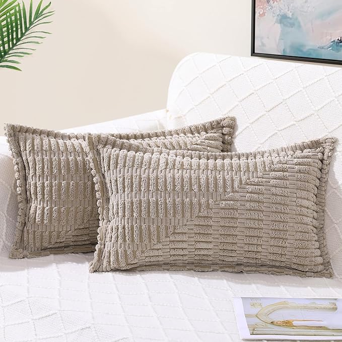 decorUhome Decorative Khaki Throw Pillow Covers 12x20 Set of 2 with Splicing, Boho Lumbar Soft Neutral Corduroy Broadside Twill Pillow Covers for Couch Bed Sofa Living Room