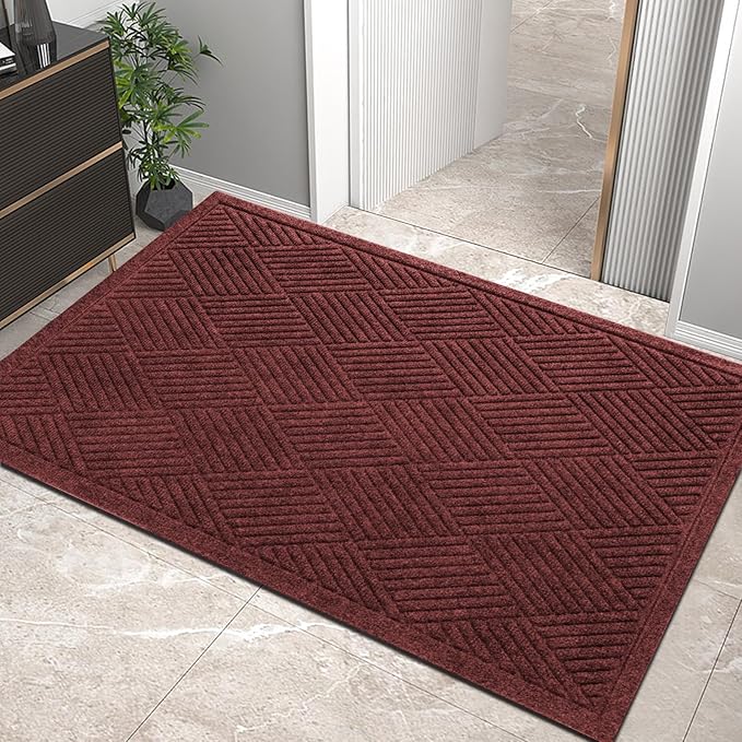 Sturdy Front Door Mat, Absorbent Muddy Dirt Resist Welcome Door Mats Outdoor Indoor, Stain and Fade Resistant, Non-Slip Rubber Backing Low Profile Doormat for Entryway, 36×24, Red