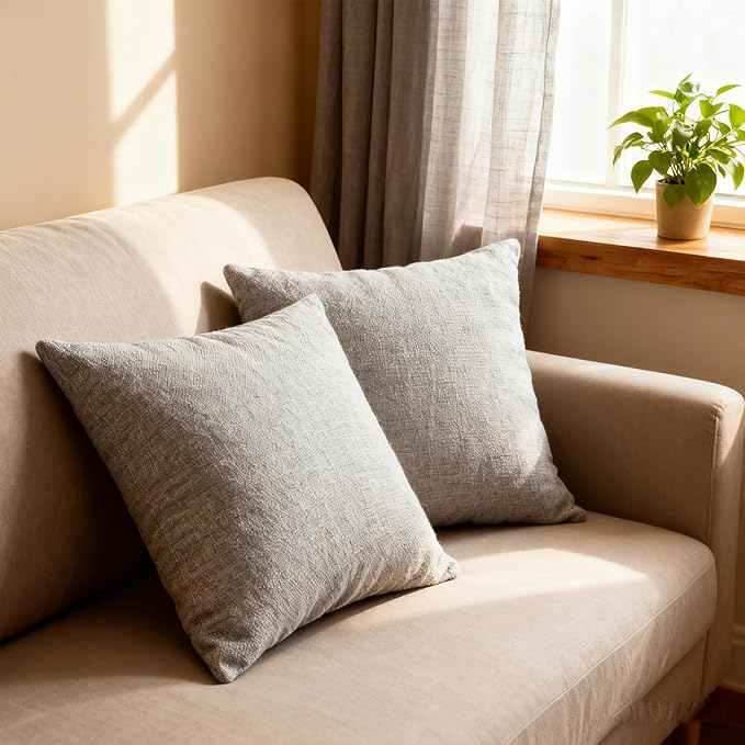 Throw Couch Pillow with Insert 18x18 Inches Set of 2 Square, Cute Modern Home Fall Decor for Living Room Sofa Bed Cushion Accent Case, Anthropologie Style Home Decor (Pearl Gray #P2-09)
