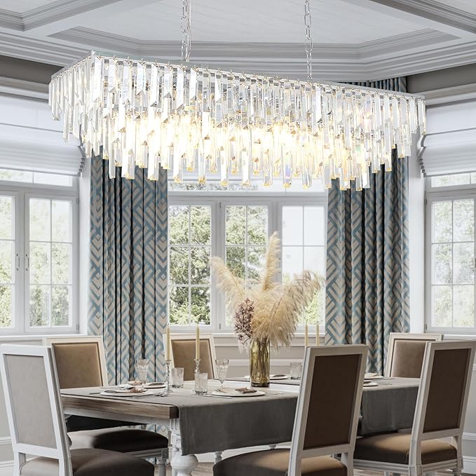 Rectangle Chandeliers for Dining Room, 40" Chrome Modern Top K9 Rectangle Crystal Chandelier 12 Lights Rectangular Adjustable Pendant Ceiling Light Fixture for Dining Room Kitchen Island