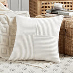 Fancy Homi 2 Packs Cream White Big Decorative Throw Pillow Covers 24x24 Inch for Living Room Couch Bed, Farmhouse Boho Home Decor, Soft Corss Corduroy Patchwork Accent Square Cushion Case 60x60 cm