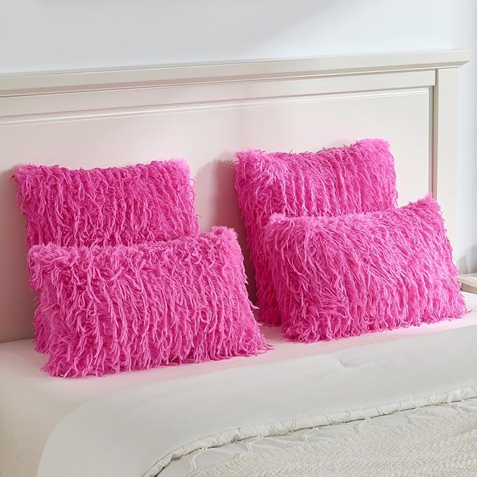 FUTEI Hot Pink Decorative Throw Pillow Covers 18x18 Inch Set of 2,Soft Fluffy Faux Feather Texture Cushion Cases,Modern Home Luxury Decor for Couch Bed Living Room