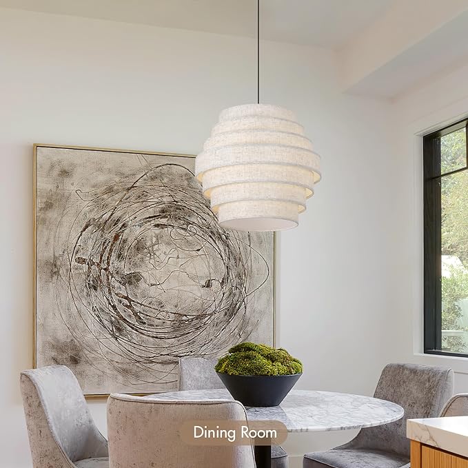 16 Inch Modern Chandelier with Tiered Linen Drum Shade – Hanging Pendant Light Fixture for Dining Room, Kitchen Island, Farmhouse Table, Living Room, Entryway, Ceiling Mount Lamp