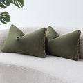 Olive Green Linen Cotton Throw Pillow Covers 12x20 Inch Set of 2, Modern Boho Aesthetic Accent Pillow Cases with Woven Flange for Couch Sofa Bed Room Earthy Tone Home Decor