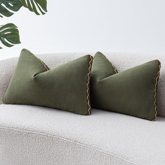 Olive Green Linen Cotton Throw Pillow Covers 12x20 Inch Set of 2, Modern Boho Aesthetic Accent Pillow Cases with Woven Flange for Couch Sofa Bed Room Earthy Tone Home Decor