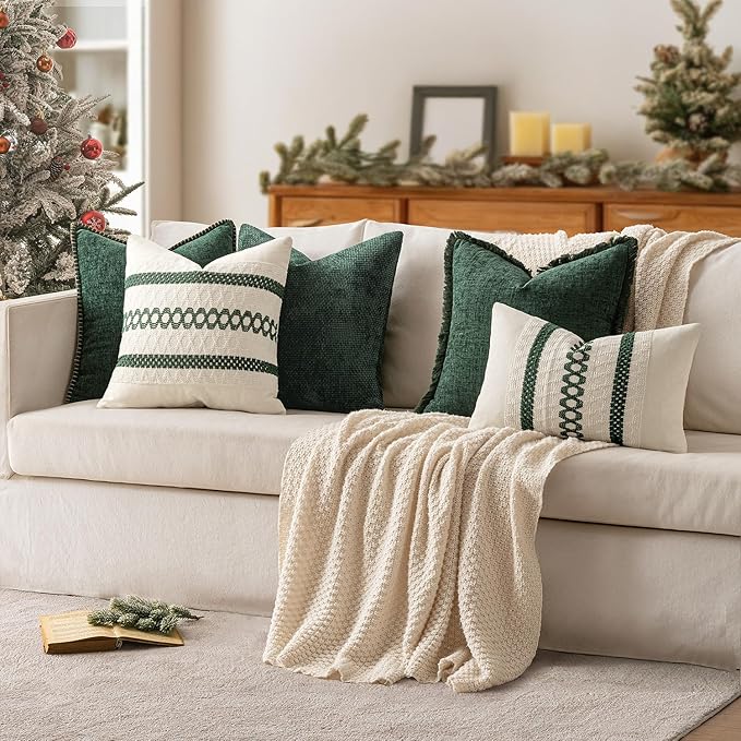 MIULEE Set of 2 Dark Green Boho Christmas Decorative Pillow Covers 18x18 Inch Farmhouse Rustic Couch Throw Pillows Modern Spring Cotton Cushion Cover Retro Macrame Woven Home Decor for Bed Sofa Chair
