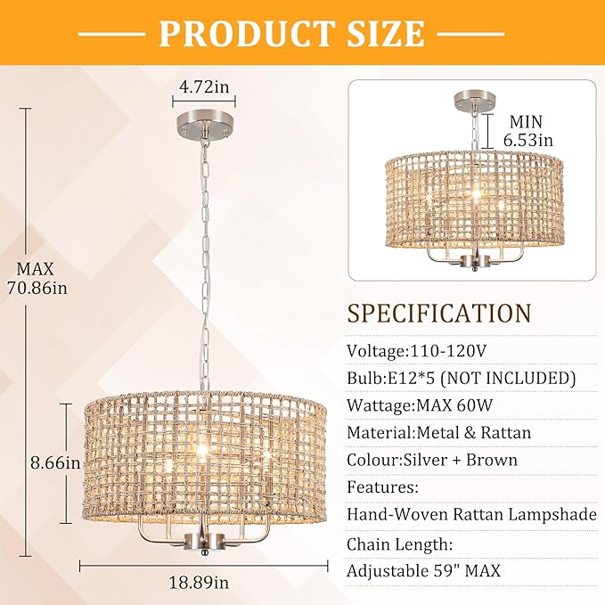 18.9'' Hand Woven Rattan Chandelier, 5-Light Rattan Pendant Light Farmhouse Chandeliers for Dining Room Light Fixture, Rustic Chandelier Wicker Hanging Pendant Lighting for Bedroom Living Room Foyer