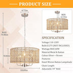 18.9'' Hand Woven Rattan Chandelier, 5-Light Rattan Pendant Light Farmhouse Chandeliers for Dining Room Light Fixture, Rustic Chandelier Wicker Hanging Pendant Lighting for Bedroom Living Room Foyer