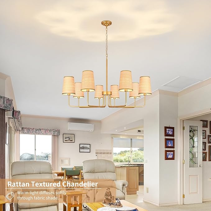 8-Light 39" Gold with Fabric Shades Chandelier Farmhouse Linear Island Lighting Fixture Large Adjustable Pendant Lighting Fixtures for Living Room Kitchen Island Dining Room