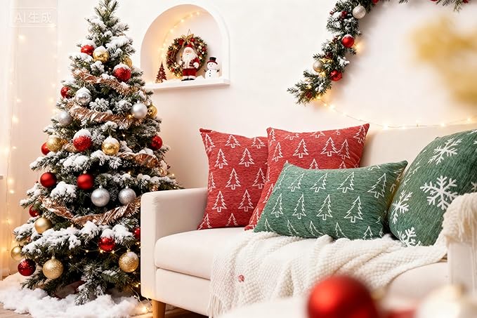 2 Pack Soft Chenille Christmas Reversible Throw Pillow Covers 12x20, Holiday Double-Sided Snowflake & Tree Cushion Cases for Sofa Couch Living Room(Green,20x12)