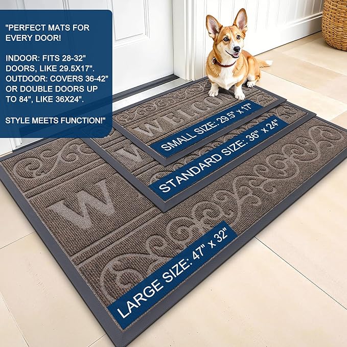 OLANLY Welcome Door Mat Indoor Outdoor Entrance, Heavy Duty Sturdy Front Door Mat, Waterproof All-Weather Doormat, Stain Resistant, Low Profile, Easy Clean Patio Entryway Mat, 36 x 24, Brown