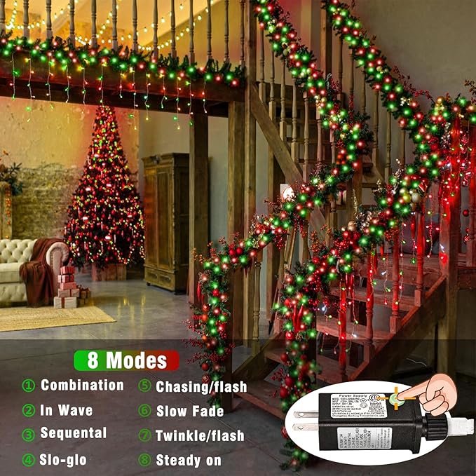 500 LED Christmas Lights Outdoor - 165ft Extra Long Christmas String Lights 8 Modes Waterproof Plug in Twinkle Fairy Light for Bedroom Indoor Outside Home Party Decoration, Red&Green