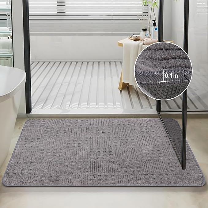 Bath Mats 24x17 Non-Slip Absorbent Bathroom Rug, Quick Dry Machine Washable Shower Tub Mat with Rubber Backing, Soft Floor Carpet for Bathroom Decor Waffle Grey