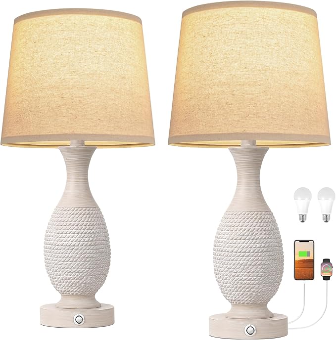 Seealle 22.6" Bedside Lamps Set of 2 with USB C+A - Dimmable Touch Lamps for Night Stands Bedroom Living Room End Table(Bulbs Included)