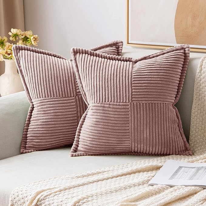 MIULEE Decorative Throw Pillow Covers for Couch Bed Livingroom 18x18 Inch Set of 2 Blush Pink Boho Accent Throw Pllows Broadside Striped Patchwork Soft Corduroy Pillowcases