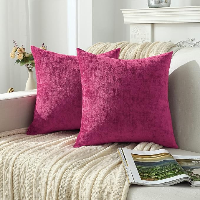 Jeneoo Fuschia Pink Decorative Throw Pillow Covers Soft Chenille Comfy Solid Couch Cushion Cover Decor (Set of 2, 20 x 20 Inches)