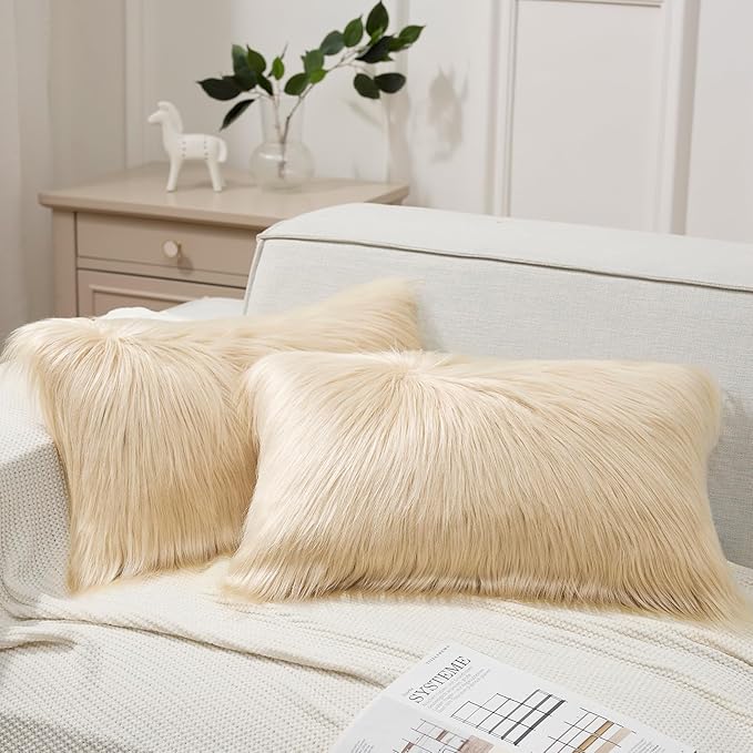 Phantoscope Pack of 2 Faux Fur Throw Pillow Covers Cushion Covers Luxury Soft Decorative Pillowcase Fuzzy Pillow Covers for Bed/Couch, Light Beige 12 x 20 Inches