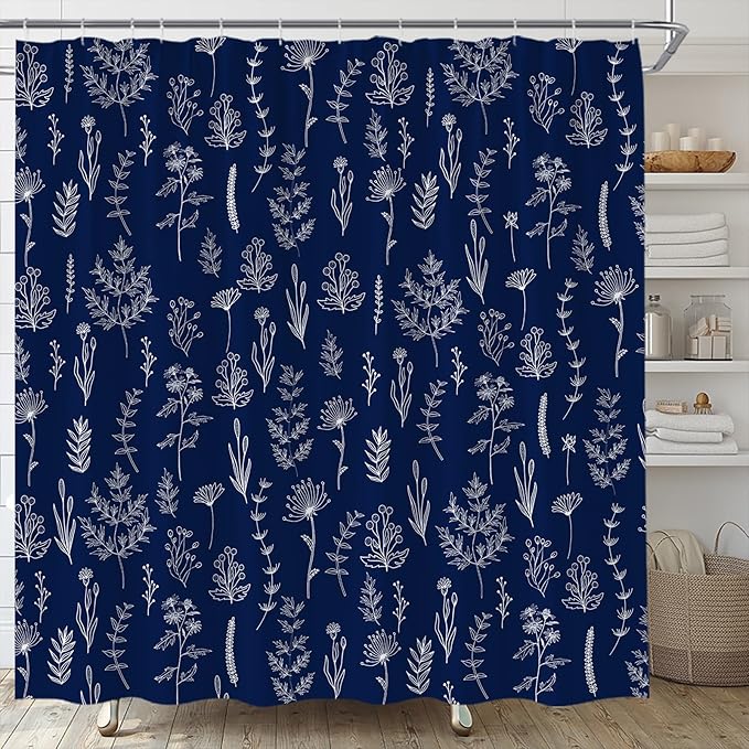 Navy Blue Floral Shower Curtain Rustic Flower Farmhouse Plant Cute Leaves Retro Botanical Vintage Bathroom Curtain Set with Hooks(84" Wx70 H)