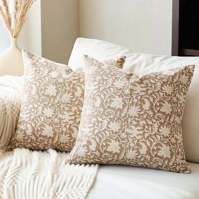 Floral Throw Pillow Covers 24x24 Farmhouse Block Print Pillow Covers Decorative Pillow Covers Couch Pillows for Living Room Vintage Accent Sofa Pillows Set of 2, Neutral