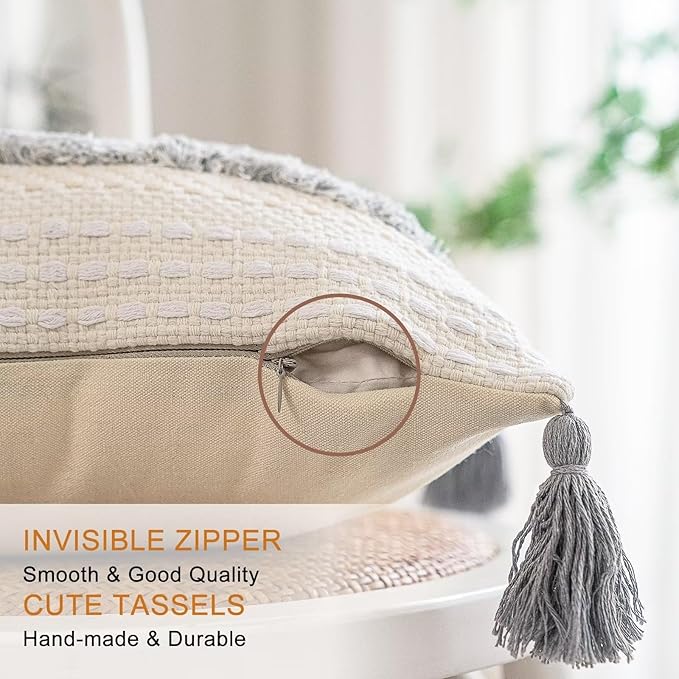 Boho Throw Pillow Covers 18x18 Set of 2 Woven Tufted Farmhouse Pillows Cover with Tassels Textured Striped Cushion Case Neutral Pillow Cases Decorative Pillowcase for Sofa, Couch, Bed, Light Grey