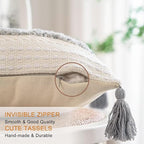 Boho Throw Pillow Covers 18x18 Set of 2 Woven Tufted Farmhouse Pillows Cover with Tassels Textured Striped Cushion Case Neutral Pillow Cases Decorative Pillowcase for Sofa, Couch, Bed, Light Grey