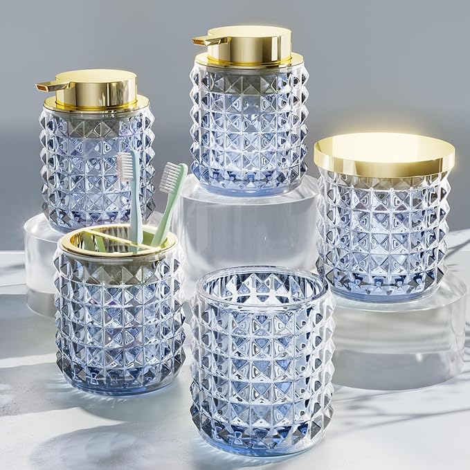 Bathroom Set Blue Bathroom Accessories Glass bathroom Accessories Navy Blue Bathroom Accessory Diamond Soap Dispenser and Toothbrush Holder Set for Bathroom Decor