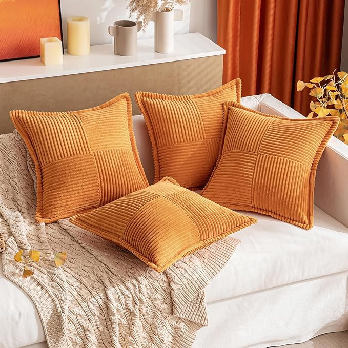 MIULEE Burnt Orange Fall Decorative Throw Pillow Covers for Couch Bed Livingroom 16x16 Inch Set of 2 Boho Accent Throw Pllows Broadside Striped Patchwork Soft Corduroy Pillowcases