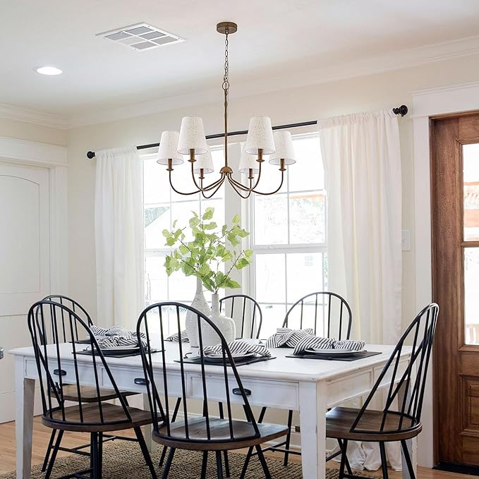 Chandelier, Retro Antique Brown with White Beige Fabric Shade, 6-Light 28" Country Rustic Farmhouse Linear Pendant Lighting Fixture for Kitchen Island Dining Living Room Bedroom