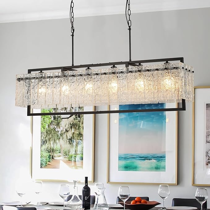 Modern Rectangle Black Crystal Chandeliers for Dining Room, 6 Lights 44" Large Rectangular Water Ripple Glass Kitchen Island Light Fixture, Linear Farmhouse Pendant Light Fixture Over Table