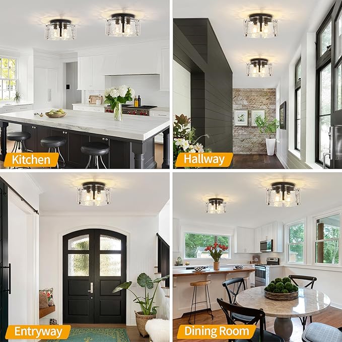 15'' Modern Black Semi Flush Mount Ceiling Light, Hallway Light Fixtures, 3-Light Glass Ceiling Lights for Entryway Kitchen Island Dining Room Foyer Bedroom Laundry Lighting Fixtures, UL-Listed
