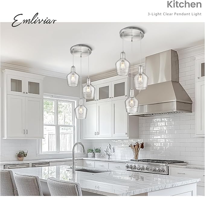 Emliviar Modern Kitchen Chandelier Brushed Nickel, 3-Light Hanging Pendant Lighting with Seeded Glass, Cluster Pendant Light Fixture for Entryway and Bedroom, DYE286G2-3 BN