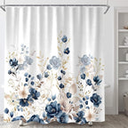 Sanzugh Navy Blue and Gold Flower Long Shower Curtain, Boho Watercolor Floral Leaves Cute Fabric Shower Curtains Set for Bathroom Decorative with Hooks 72 X 78 inch Beautiful Bath Decor