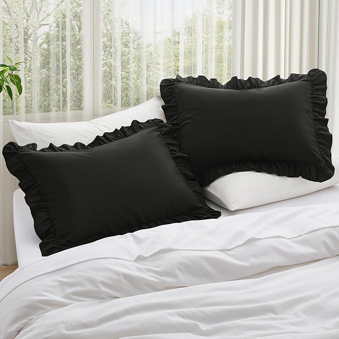 KKJIAF Ruffle Pillow Cases Queen Size Set of 2, Ruffled Pillow Covers with Envelope Closure, Wrinkle Resistant Pillowcases 20" x 30", Ruffled Pillow Shams, Black