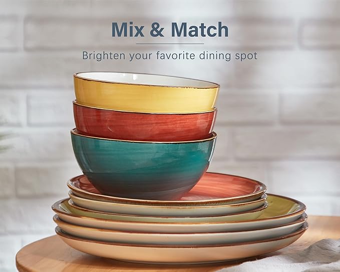 ONEMORE Plates and Bowls Set - Microwavable, Oven & Dishwasher Safe Porcelain Dinnerware Set - Scratch Resistant, Ceramic Dishware for 4(12pcs) - Assorted Colors