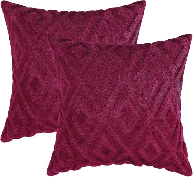 Pallene Christmas Burgundy Throw Pillow Covers 18x18 Set of 2, Soft Plush Faux Fur Decorative Couch Pillow Covers for Sofa Bed Living Room Pillow Cases with 3D Diamond Pattern