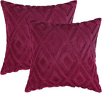 Pallene Christmas Burgundy Throw Pillow Covers 20x20 Set of 2, Soft Plush Faux Fur Decorative Couch Pillow Covers for Sofa Bed Living Room Pillow Cases with 3D Diamond Pattern