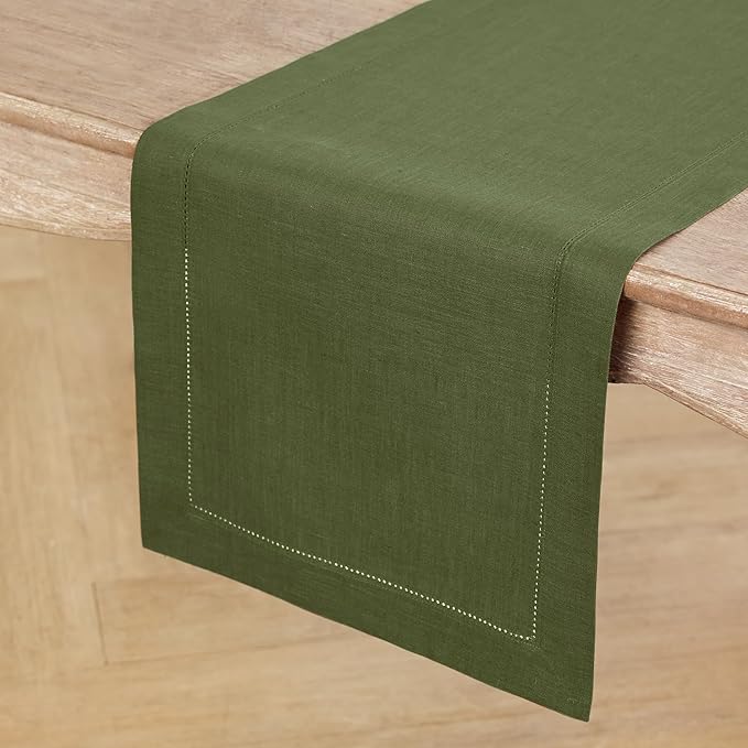 Solino Home Olive Linen Table Runner 156 Inches Long - 100% Pure Linen Classic Hemstitch Table Runner 14 x 156 Inch for Wedding, Parties, Fall, Autumn, Thanksgiving