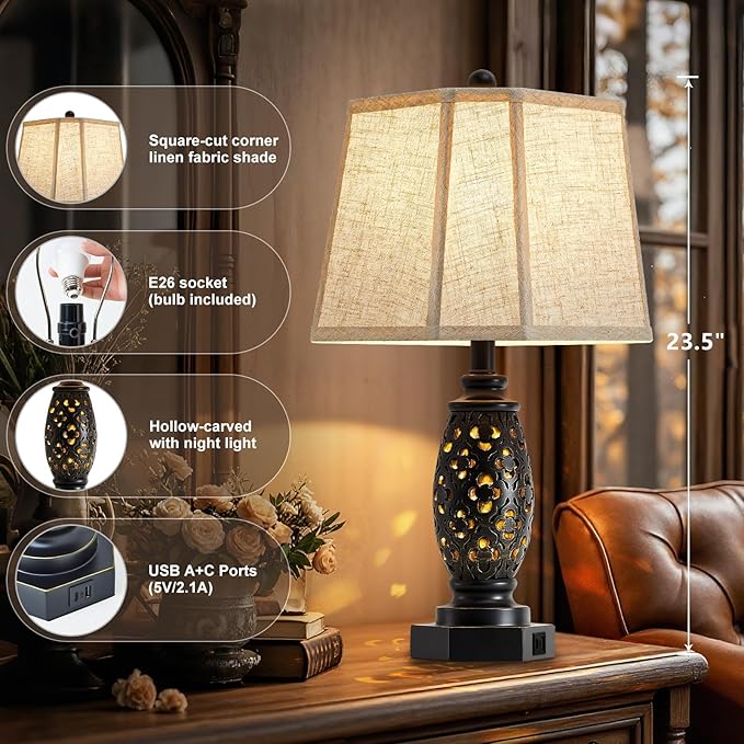 Table Lamps Set of 2-23.5" Vintage Bedside Lamp with USB A+C and Nightlight - Black Carved Resin Retro Desk Lamp for Bedrooms, End Tables, Living Room, Bulbs Included