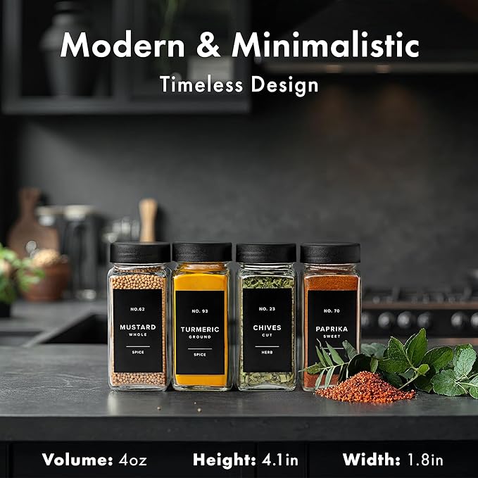 Glass Spice Jars with Labels (24 x 4oz) Spice Containers with 240 Labels, Shaker Inserts, Funnel, Empty Square Empty Square Seasoning Organizer (Black Lids)