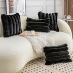 Neelvin Black Faux Fur Cozy Soft Striped Decorative Throw Pillow Covers 24x24 inch Set of 2,Velvet Pillowcase Cushion Case for Sofa Couch